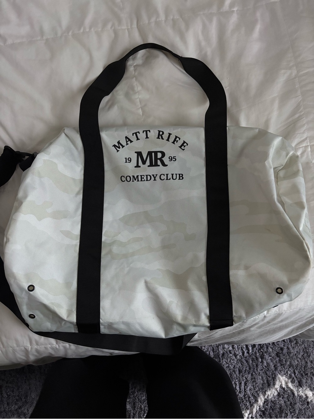 MR Comedy Club White Camo Duffel Bag